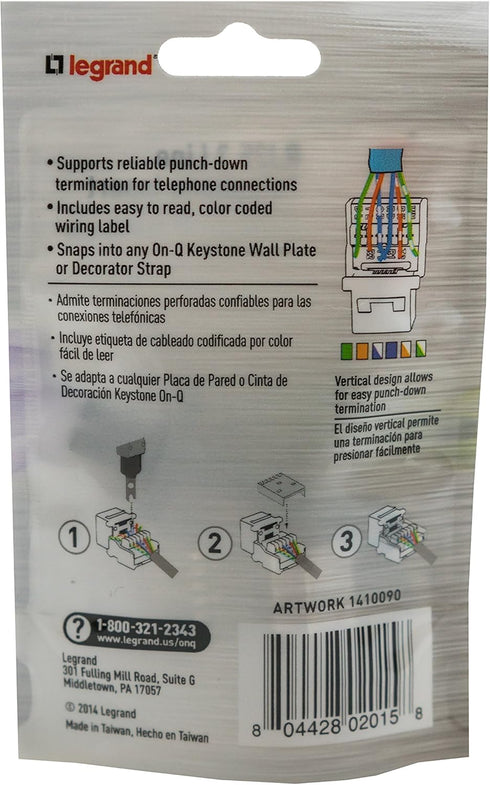 Legrand - OnQ Telephone Keystone Jack RJ25, Male to Male Connector, White, F9042WHV1