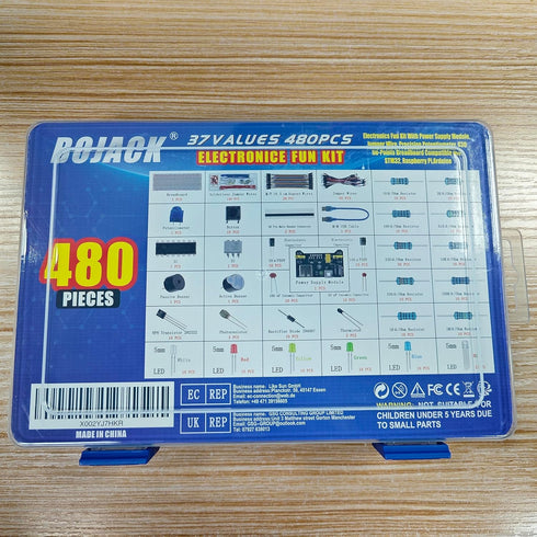 BOJACK 37 Values 480 Pcs Electronics Component Fun Kit with Power Supply Module, Jumper Wire, Breadboard