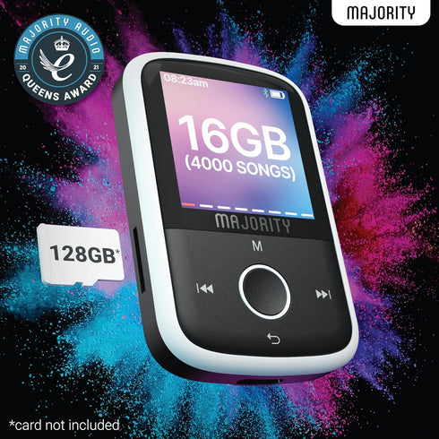 MP3 Player with Bluetooth and Sports Clip, Earbuds Included, Expandable to 128GB, HD Color Screen, 34 Hours Battery