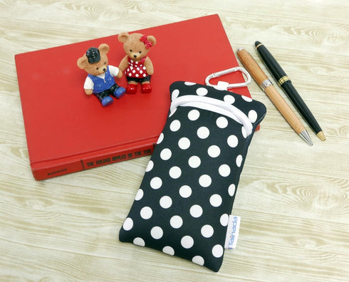 Tainada Shockproof Neoprene Sleeve Carry Bag Pouch (Black White Polka Dots) with Neck Lanyard & Carabiner for iPhone