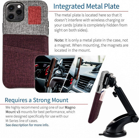 Dockem Wallet Case for iPhone 11 Pro, Built-in Metal Plate for Magnetic Mounting, Maroon and Grey