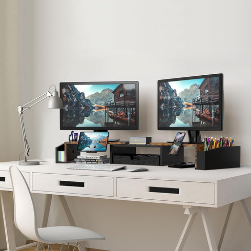Simple Houseware Rustic Brown Desk Dual Monitor Stand Riser with Drawer