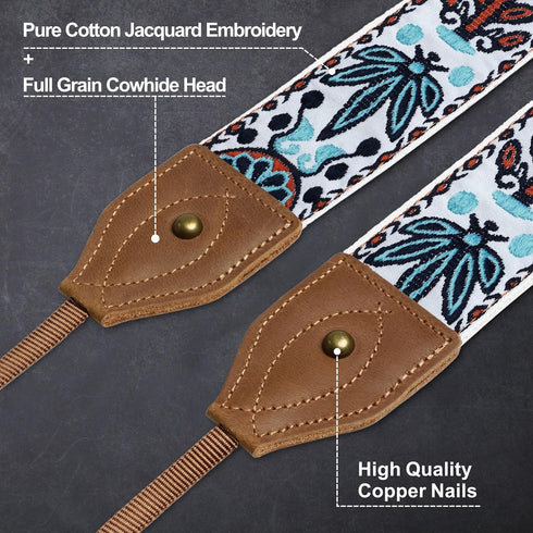Padwa Lifestyle Camera Strap for All DSLR/SLR Cameras - Double Layer top-grain Cowhide Ends,2" Wide Vintage Embroidered Pure Cotton Camera Strap,Adjustable Universal Strap,Great Gift for Photographers