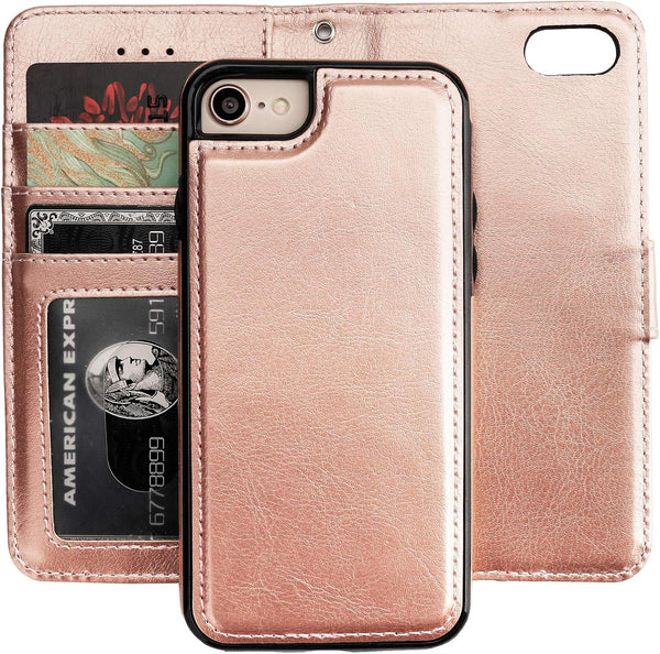 Bocasal Wallet Case for iPhone SE (2022)/SE (2020)/8/7 with Card Holder, PU Leather, Magnetic Detachable Kickstand,