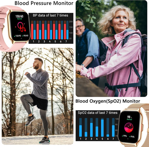 Smart Watch for Women Men, 2.0" Fitness Tracker with Heart Rate Blood Pressure Blood Oxygen Monitor for Android iOS