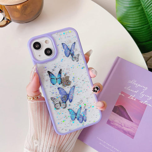 DEFBSC Clear iPhone 13 Case, Butterfly Sparkly Bling Glitter Design, Soft Slim TPU Bumper, Shockproof, Blue