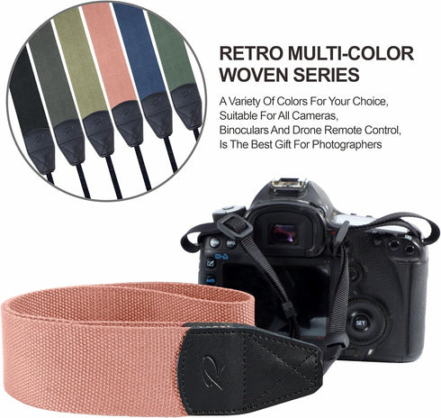 Padwa Lifestyle Pink Camera Strap, 2" Wide Cotton Woven Genuine Leather Head Straps, Includes 2 Quick Release Clips