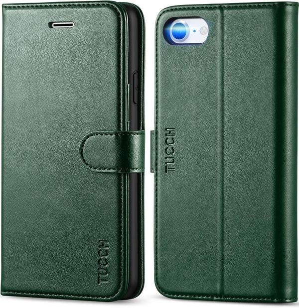 TUCCH Wallet Case for iPhone SE 2022/SE 2020/8/7, PU Leather Folio with Stand, Card Slot, Midnight Green
