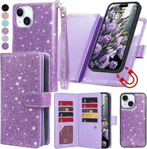 Varikke Detachable Wallet Case for iPhone 13, Glitter PU Leather with Card Holder, Magnetic Flip Cover (Light Purple)