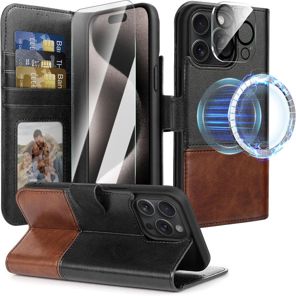 Wallet Case for iPhone 15 Pro Max, RFID Blocking Credit Card Holder, PU Leather Flip Kickstand Cover for Men Women
