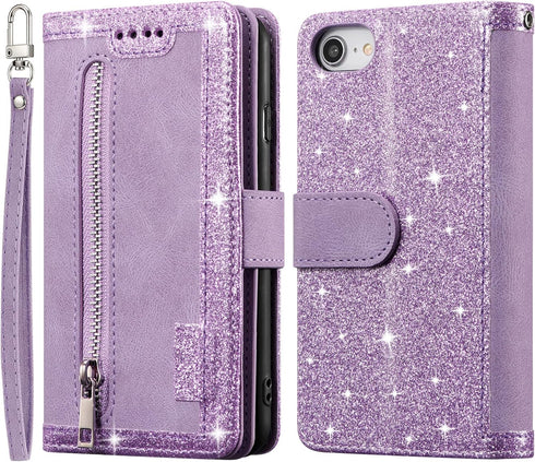 UEEBAI Wallet Case for iPhone SE 2022 5G/7/8, Retro Zipper Pocket Handbag with 9 Card Slots - Glitter Purple