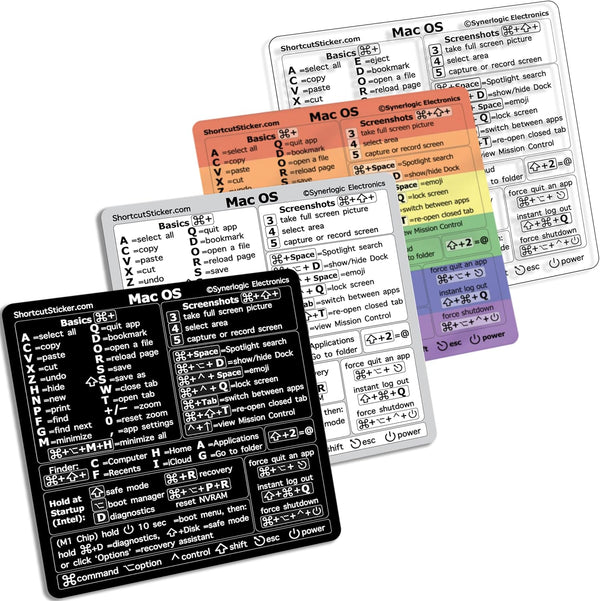 Synerlogic Mac OS Reference Keyboard Vinyl Shortcut Stickers, Compatible with MacBook Pro Air iMac Mini (4-Pack