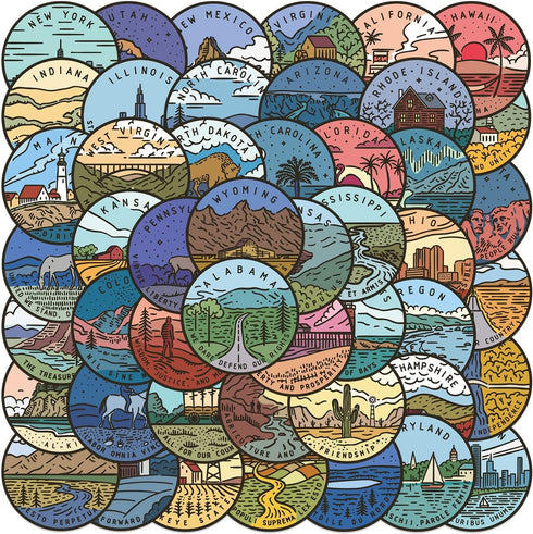 USA States Stickers Pack, 50Pcs Travel Landscape Vinyl Waterproof Decals for Luggage and Water Bottles