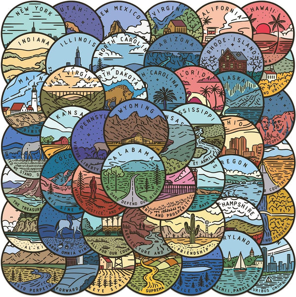USA States Stickers Pack, 50Pcs Travel Landscape Vinyl Waterproof Decals for Luggage and Water Bottles