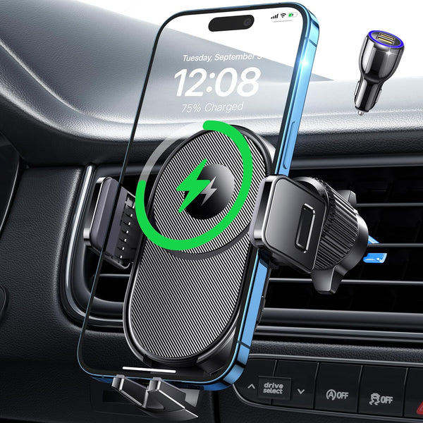 Wireless Car Charger, 15W Fast Charging Auto Clamping Phone Holder, Air Vent Mount for iPhone 15/14/13/12