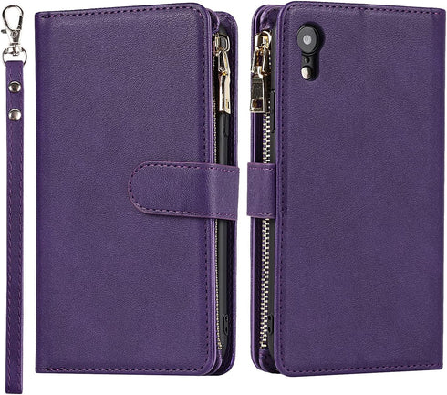 Jaorty Wallet Case for iPhone XR, 9 Card Slots, Wrist Strap, Zipper Cash Pocket, Magnetic Leather Cover, Purple