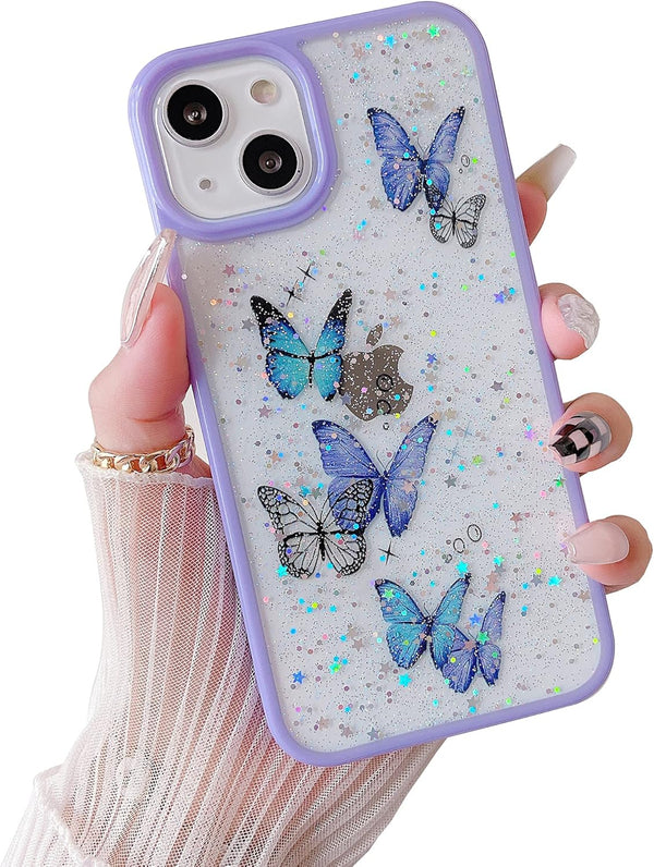 DEFBSC Clear iPhone 13 Case, Butterfly Sparkly Bling Glitter Design, Soft Slim TPU Bumper, Shockproof, Blue