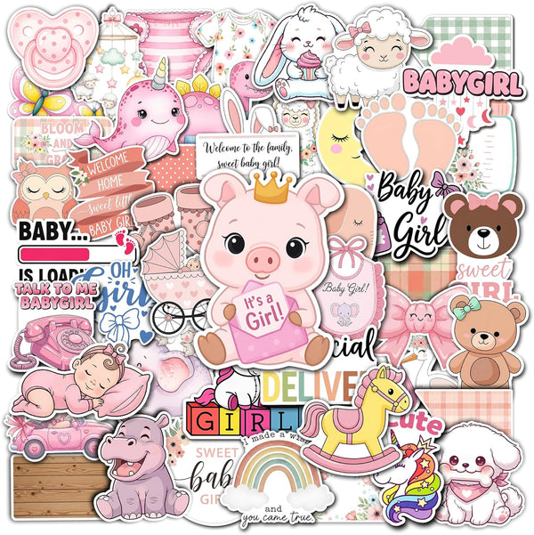 HIZILY 50 Pcs Baby Girl Stickers Pink Newborn Sticker Baby Shower Waterproof Vinyl