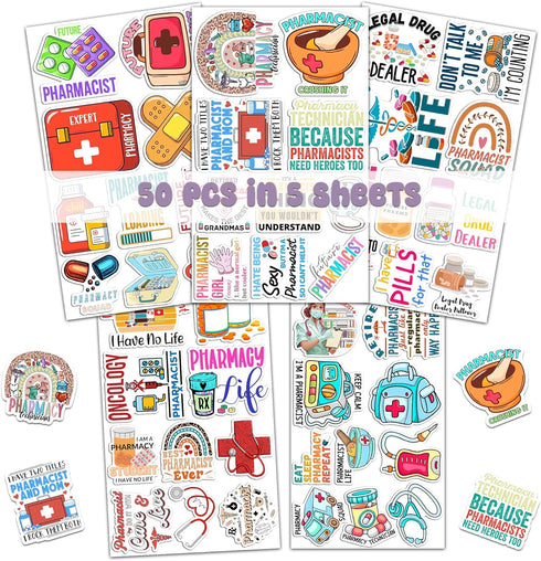 Pack 50 PCS Pharmacist Stickers Medicines Waterproof Decals Vinyl Medical Themed Graphics Pharmacy Patches Phone Case Laptop Water Bottles Accessories for Men Women Doctor Nurse by BIGZORO