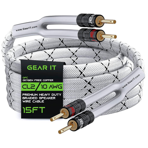 GearIT 10AWG Speaker Cable Wire with Gold-Plated Banana Tip Plugs, 15 Feet, White