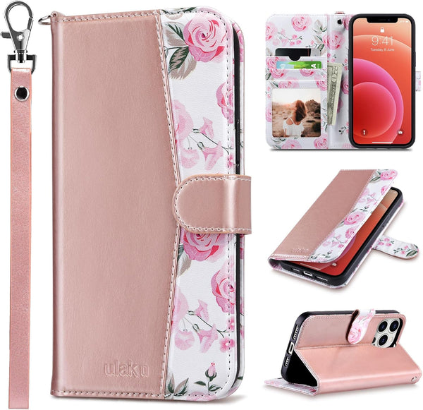 ULAK Compatible with iPhone 12 Pro Max Wallet Case - PU Leather Case with Card Holder, Kickstand, Wrist Strap, Rose Gold