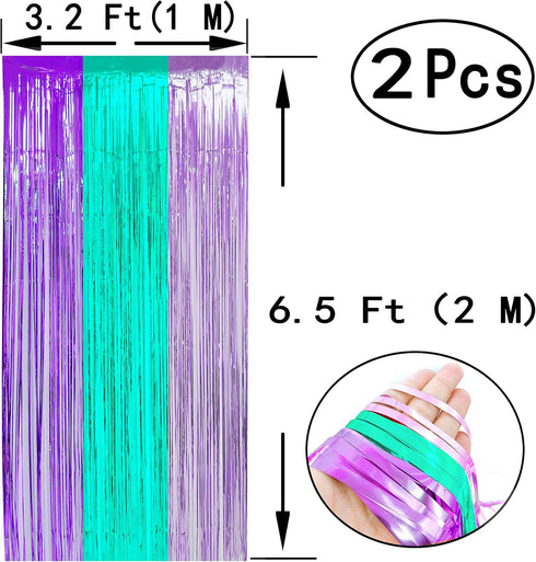 Teal Purple Tinsel Foil Fringe Curtains - Under The Sea Baby Shower Birthday Photo Backdrops, Wedding Summer Beach Pool
