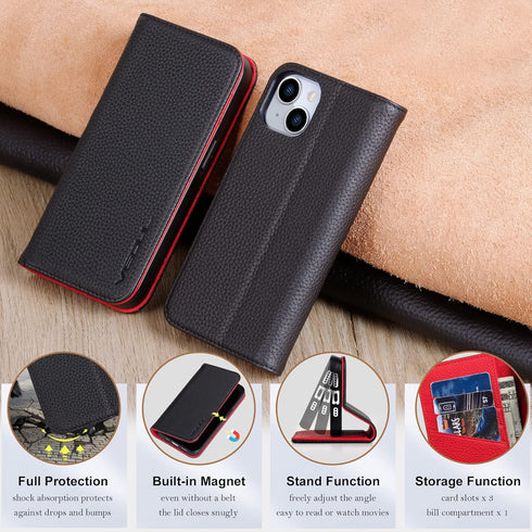 VISOUL 15 15(6.1-inch)(Black+Red) Folio Case Compatible with iPhone Wallet Case with Card Holder, Pebbled Real Leather