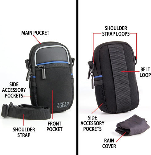 USA Gear Compact Camera Case for Point & Shoot with Accessory Pockets, Rain Cover & Shoulder Strap