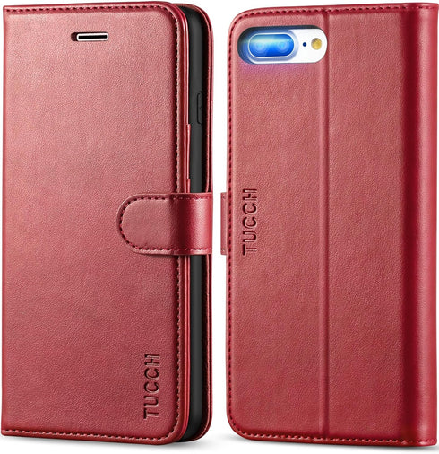 TUCCH Wallet Case for iPhone 8 Plus/7 Plus, Dark Red Magnetic Closure with Card Slots Money Pouch, Stand PU Leather