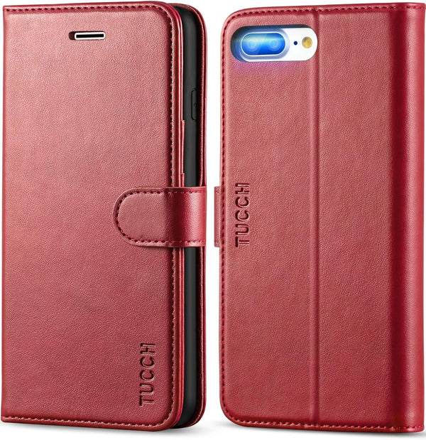 TUCCH Wallet Case for iPhone 8 Plus/7 Plus, Dark Red Magnetic Closure with Card Slots Money Pouch, Stand PU Leather