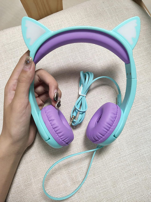 Kids Headphones with MIC for School, 85dB Safe Volume Limited Light Up Cat Ear Headphones, Wired On-Ear (Green/Purple)