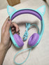 Kids Headphones with MIC for School, 85dB Safe Volume Limited Light Up Cat Ear Headphones, Wired On-Ear (Green/Purple)