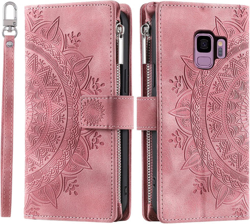 Asuwish Wallet Case for Samsung Galaxy S9 - Mandala Flower Leather, Zipper Card Holder, Tempered Glass, Rose Gold.