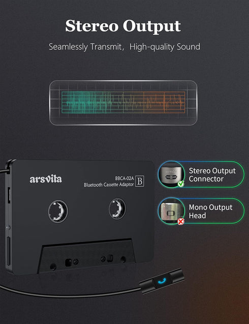 arsvita Bluetooth 5.0 Cassette to Aux Adapter for Car, Hands-Free Call, Charcoal Black
