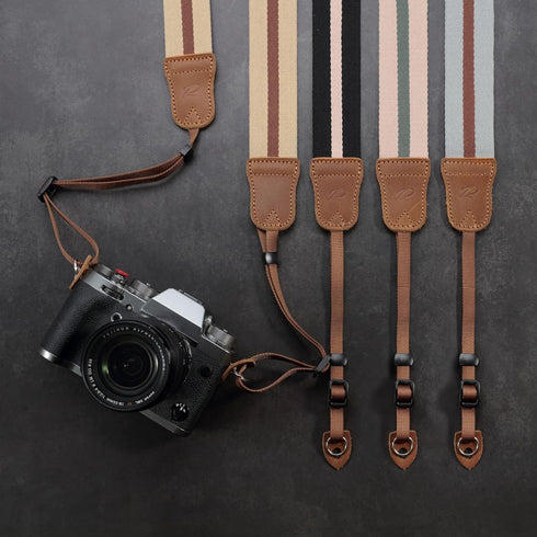 Padwa Lifestyle Black Striped Camera Strap - Vintage Crazy Horse Cowhide & Cotton, 1.5" Wide, Adjustable for DSLR