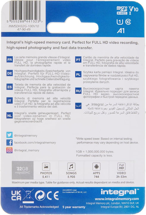 Integral 32GB V10 U1 High Speed UHS-I MicroSDHC Card