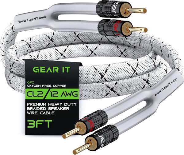 GearIT 12AWG Heavy Duty Braided Speaker Wire (3 Feet) with Dual Gold Plated Banana Plug Tips, White
