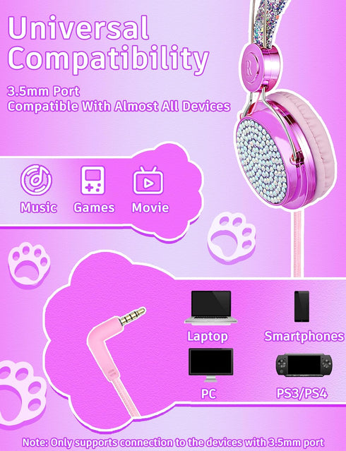 Unicorn Kids Pom Headphones with Mic, 85DB Limit, Shareport, HD Stereo Wired, Hot Purple, Perfect Travel Gift for Girls.