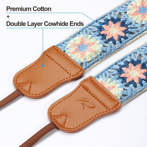 Padwa Lifestyle Hollow Crochet Pink Daisy Camera Strap - Double Layer Cowhide Ends,2" Cotton Vintage Camera Straps, Adjustable Neck & Shoulder Strap for All DSLR Cameras,Great Gift for Photographers