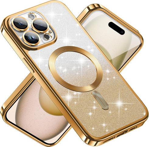 Jmltech iPhone 15 Pro Max Case - Cute Transparent Silicone, Magnetic Shockproof, Luxury Plating, Gradient Glitter Blue.