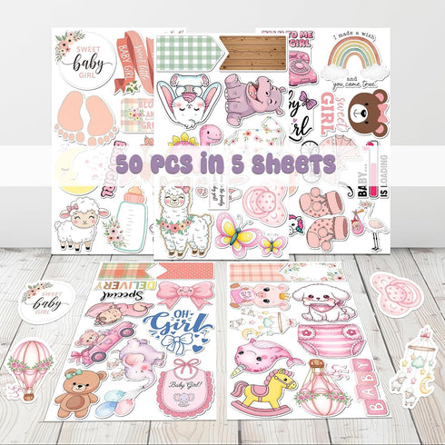 HIZILY 50 Album Pcs Baby Girl Stickers Pink Newborn Sticker Baby Shower Waterproof Vinyl Decals Gender Reveal Decor