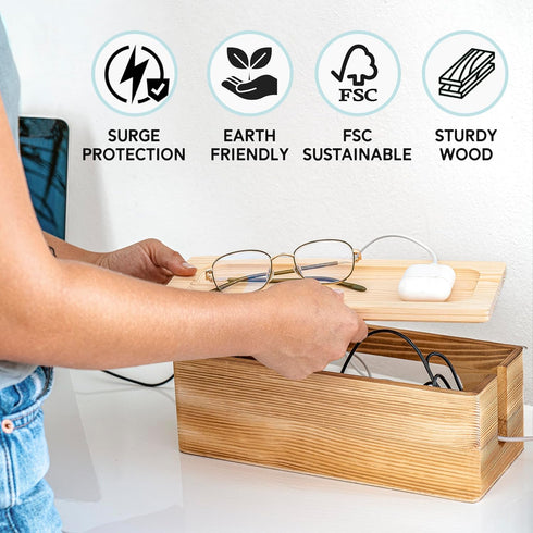 NATURE SUPPLIES Wood Cable Management Box Set, Dark Brown Large & Medium Cord Organizer for Wires and Power Strips
