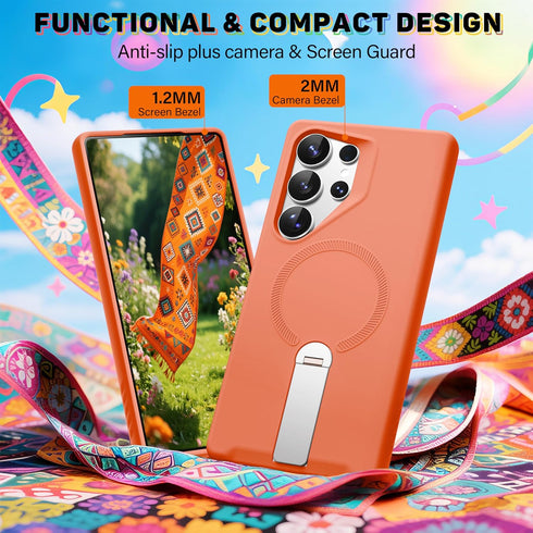 Samsung Galaxy S25 Ultra Case ExoGuard, Soft Skin-Friendly Silicone Cover, Adjustable Metal Kickstand - Orange