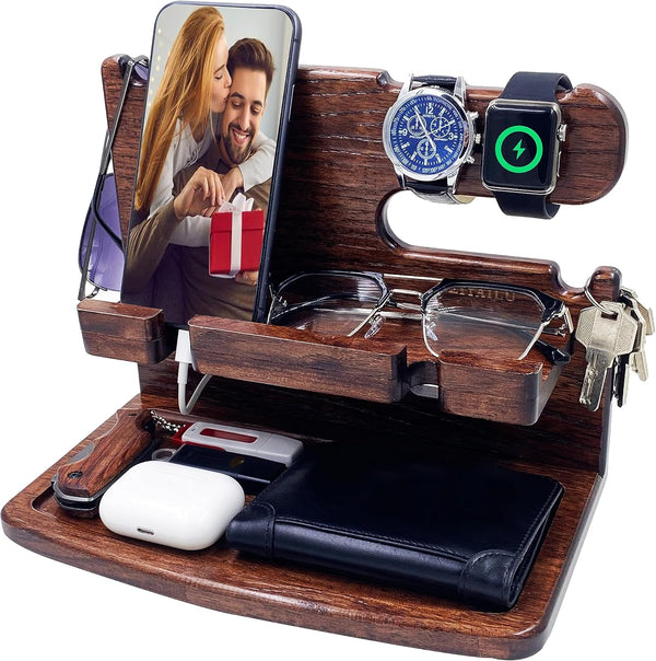 Gifts for Men Women Dad Husband Boyfriend, Wood Phone Docking Station Nightstand Organizer for Mother's Day, Father's