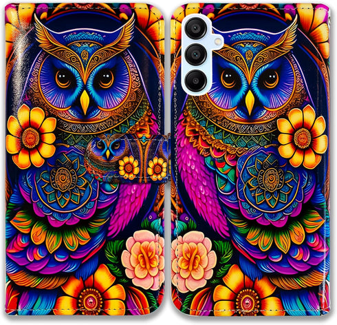 Bcov Galaxy A35 5G Case, Colorful Owl Mandala Flower Leather Flip Wallet Cover with Card Slot & Kickstand