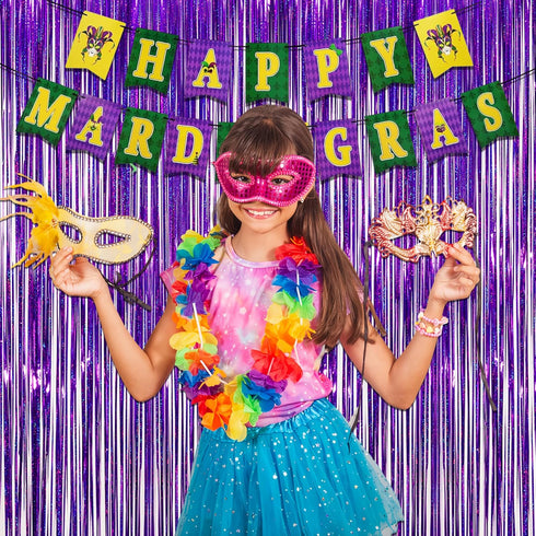 Purple Tinsel Curtain Party Backdrop, GREATRIL Foil Fringe Curtain for Hunters Mermaid Themed Decorations, Pack of 2.