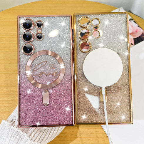 Fiyart Case for Samsung Galaxy S24 Ultra, Magnetic Glitter Clear Phone Case with Love Heart Plating Camera Protection -