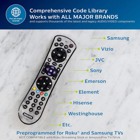 Philips Universal Remote Control for Samsung TV, Replacement for Smart TV, 4 Device, Marble