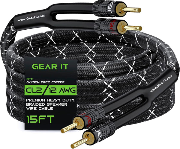 GearIT 12AWG Speaker Cable Wire with Gold-Plated Banana Tip Plugs, 15 Feet, Black
