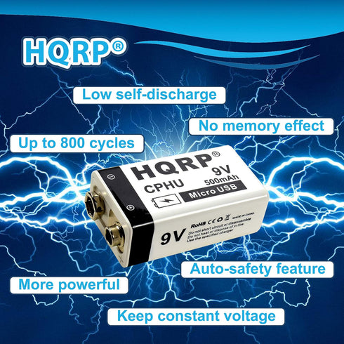 HQRP USB 9V Lithium-Ion Rechargeable Battery, 500mAh High Capacity, 800 Cycle with Micro USB Cable